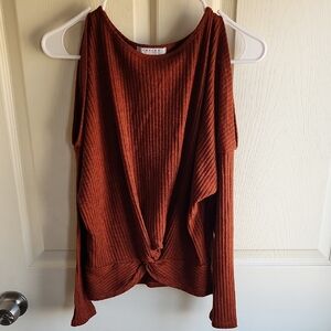 FAVLUX Rust Off-the-Shoulder Ribbed Twist-Hem Sweater